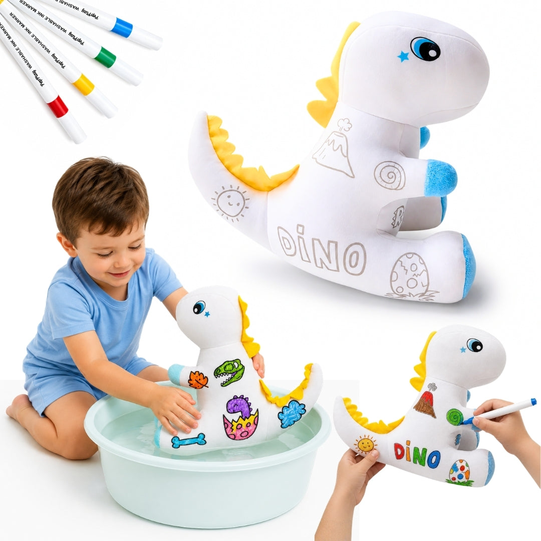 PepPlay Redoobles Doodle Dinosaur- Color, Wash & Reuse Plush Toy for Kids 3-8 Years 4 Non-Toxic Washable Markers