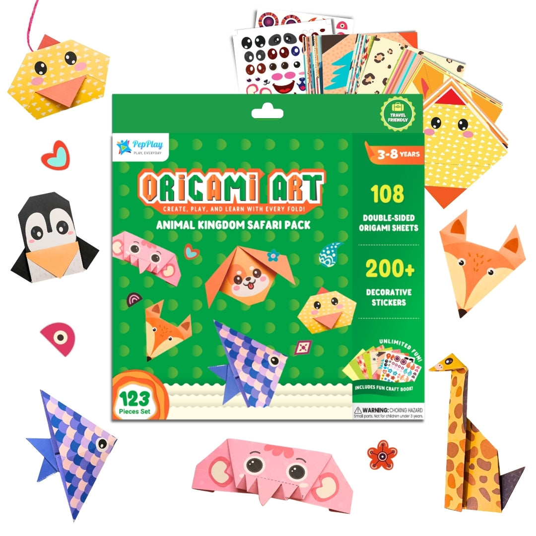 PepPlay Origami Art Animal Kingdom Safari Pack for Kids 3-12 Years | 108 Double Sided Origami Sheets | 18 Animal Designs, 200+ Stickers, Booklet + QR Video Tutorials