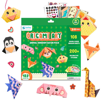 PepPlay Origami Art Animal Kingdom Safari Pack for Kids 3-12 Years | 108 Double Sided Origami Sheets | 18 Animal Designs, 200+ Stickers, Booklet + QR Video Tutorials