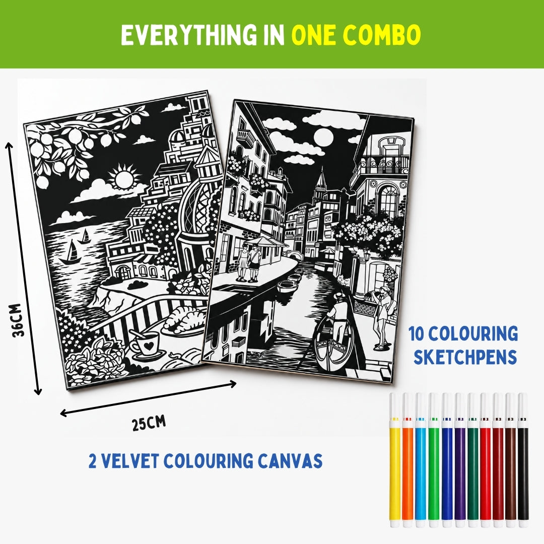 PepPlay Velvet Colouring Canvas, Set of 2 – City Scape Series - Venice & Amalfi Coast