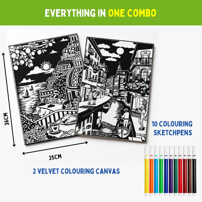 PepPlay Velvet Colouring Canvas, Set of 2 – City Scape Series - Venice & Amalfi Coast