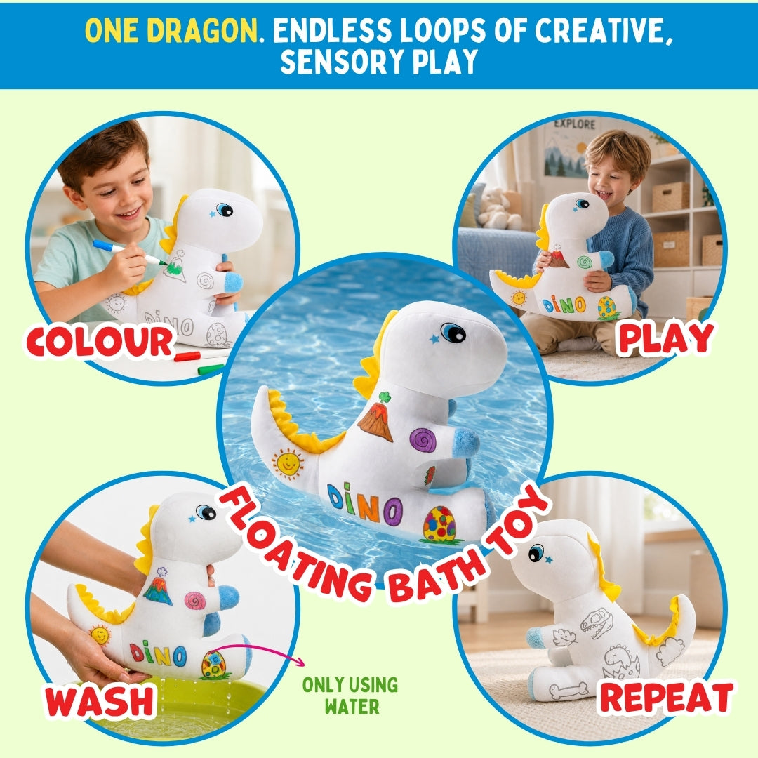 PepPlay Redoobles Doodle Dinosaur- Color, Wash & Reuse Plush Toy for Kids 3-8 Years 4 Non-Toxic Washable Markers